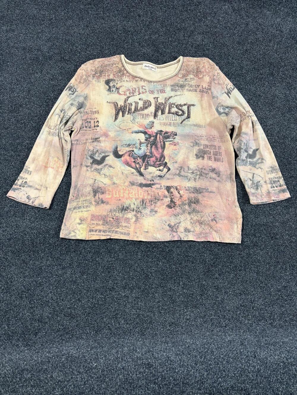 Studio Gem Q Shirt Womens XL Multicolor Wild West Graphic Rhinestone 3/4 Sleeve